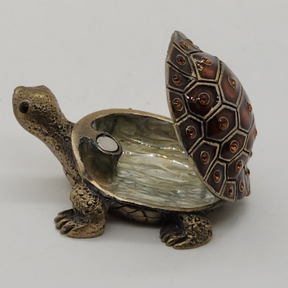 Turtle Enamel Topaz Rhinestone Brass Hinged Pill Trinket Box Vintage Tortoise